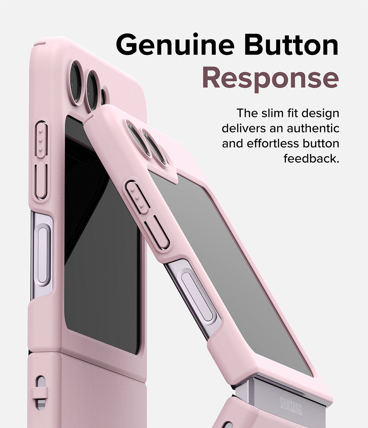 Galaxy Z Flip 5 Case | Slim Color - Two pink slim-fit cases on a Galaxy Z Flip 5 showing precise button cutouts.