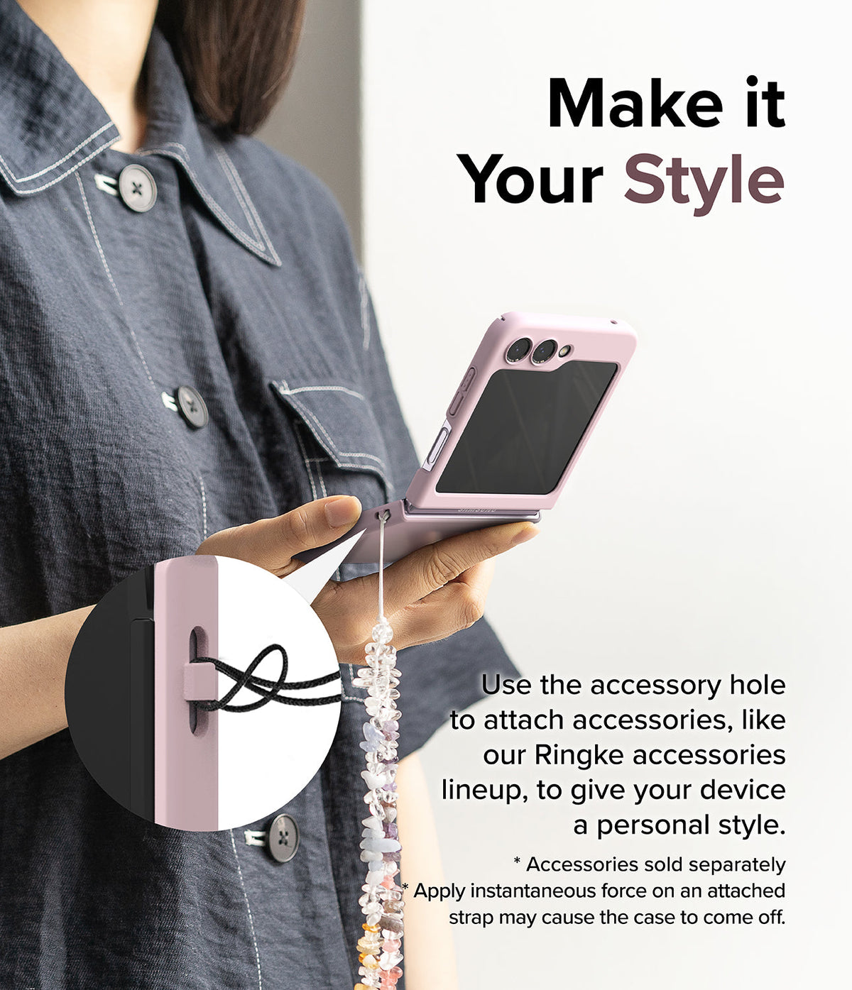 Galaxy Z Flip 5 Case | Slim Color - Person holding a pink Galaxy Z Flip 5 with a beaded strap attached to the accessory hole.