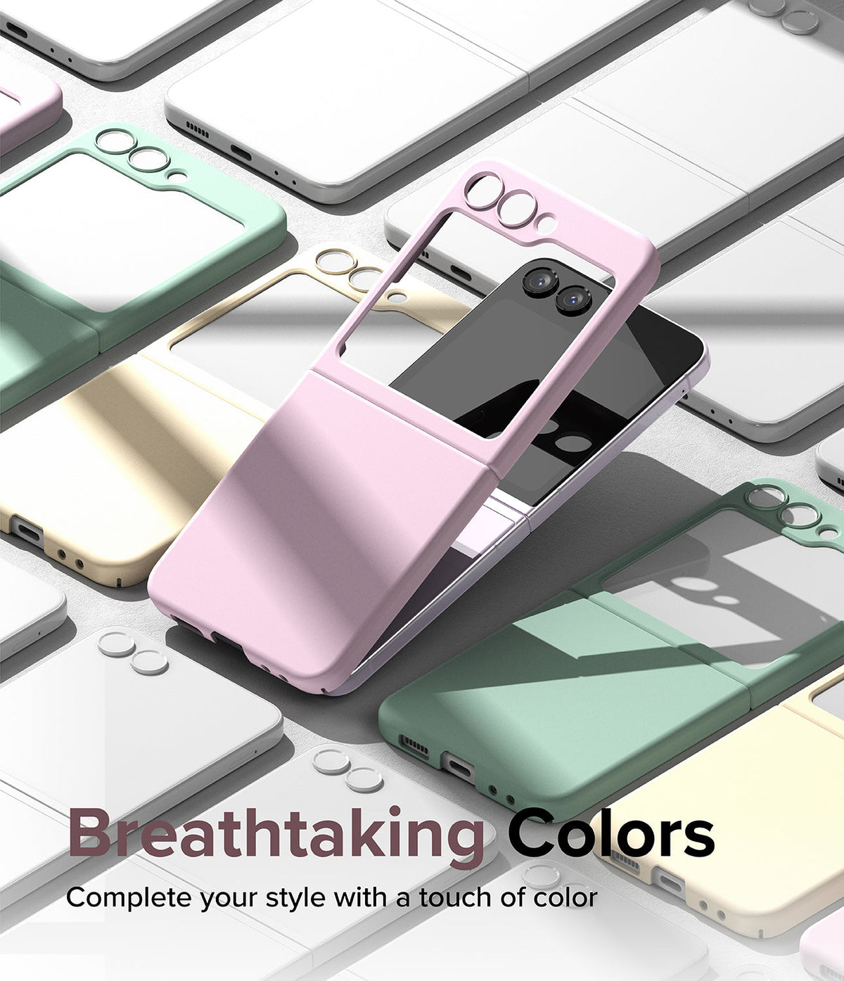 Galaxy Z Flip 5 Case | Slim Color - A pink case being placed on a Galaxy Z Flip 5 surrounded by various colored cases.