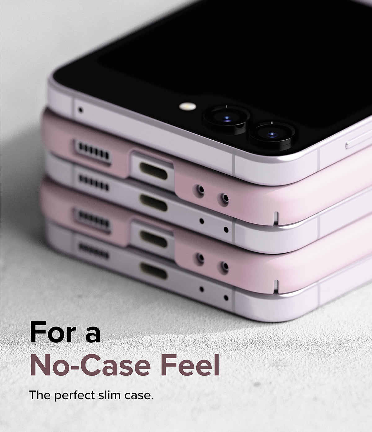 Galaxy Z Flip 5 Case | Slim Color - Stack of three Galaxy Z Flip 5 phones in slim light pink cases showing precise port cutouts.