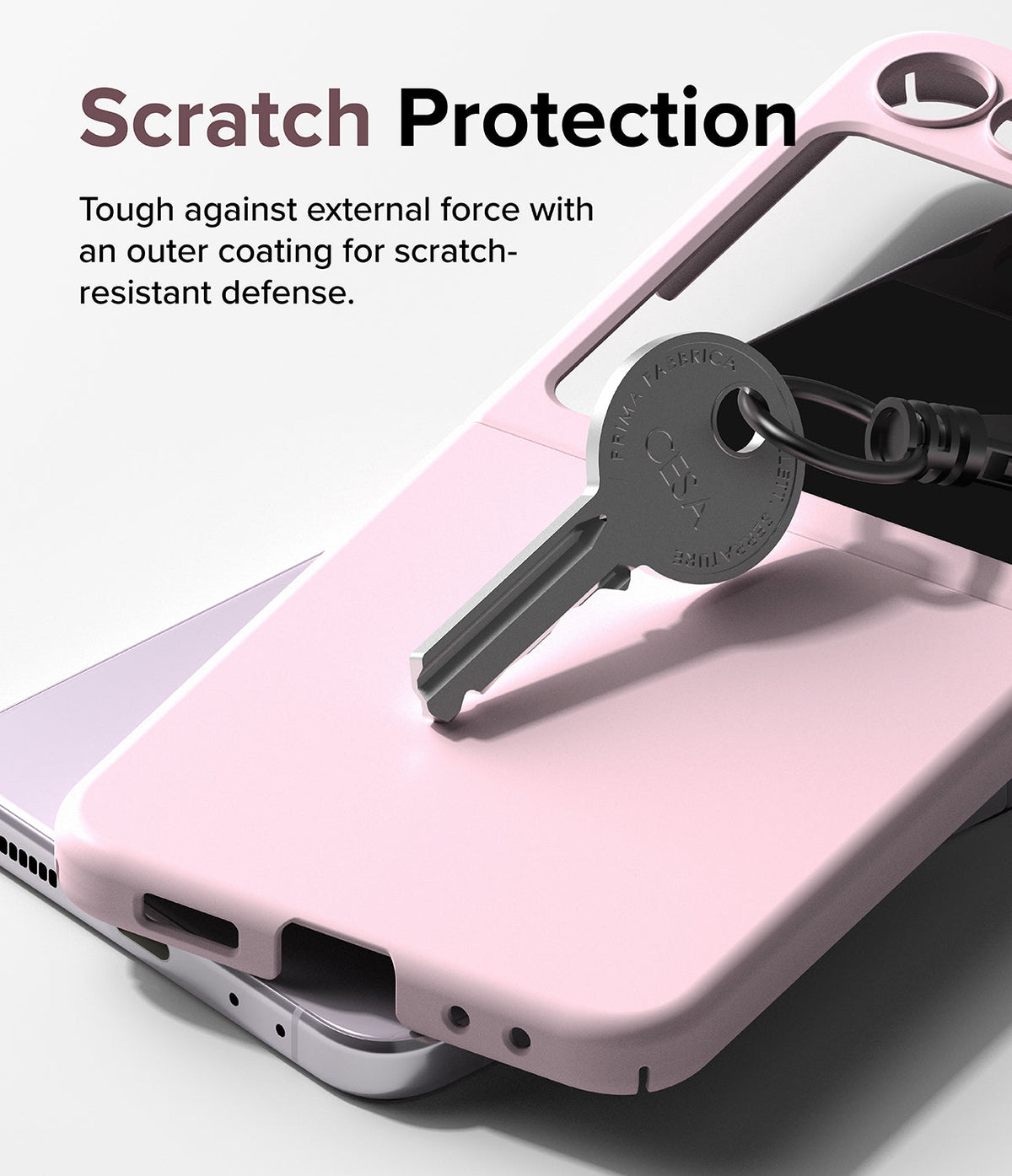 Galaxy Z Flip 5 Case | Slim Color - A metal key rests on a light pink phone case, demonstrating scratch-resistant protection.
