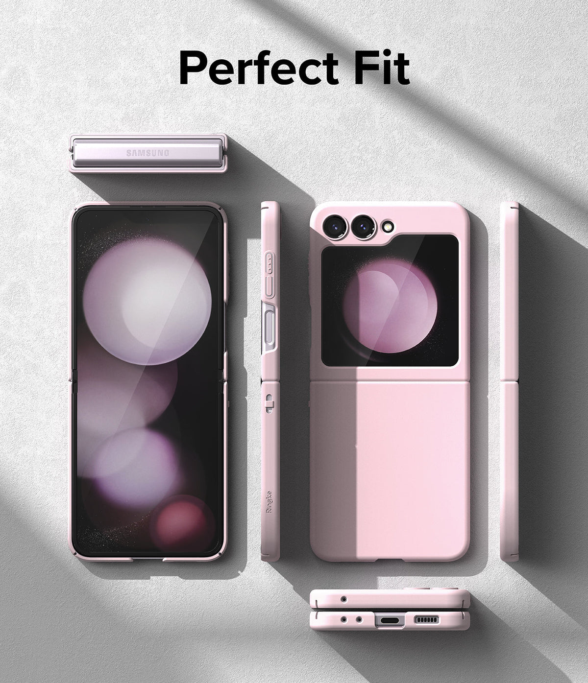 Galaxy Z Flip 5 Case | Slim Color - A pink slim case shown on a Galaxy Z Flip 5 from multiple angles on a gray surface.