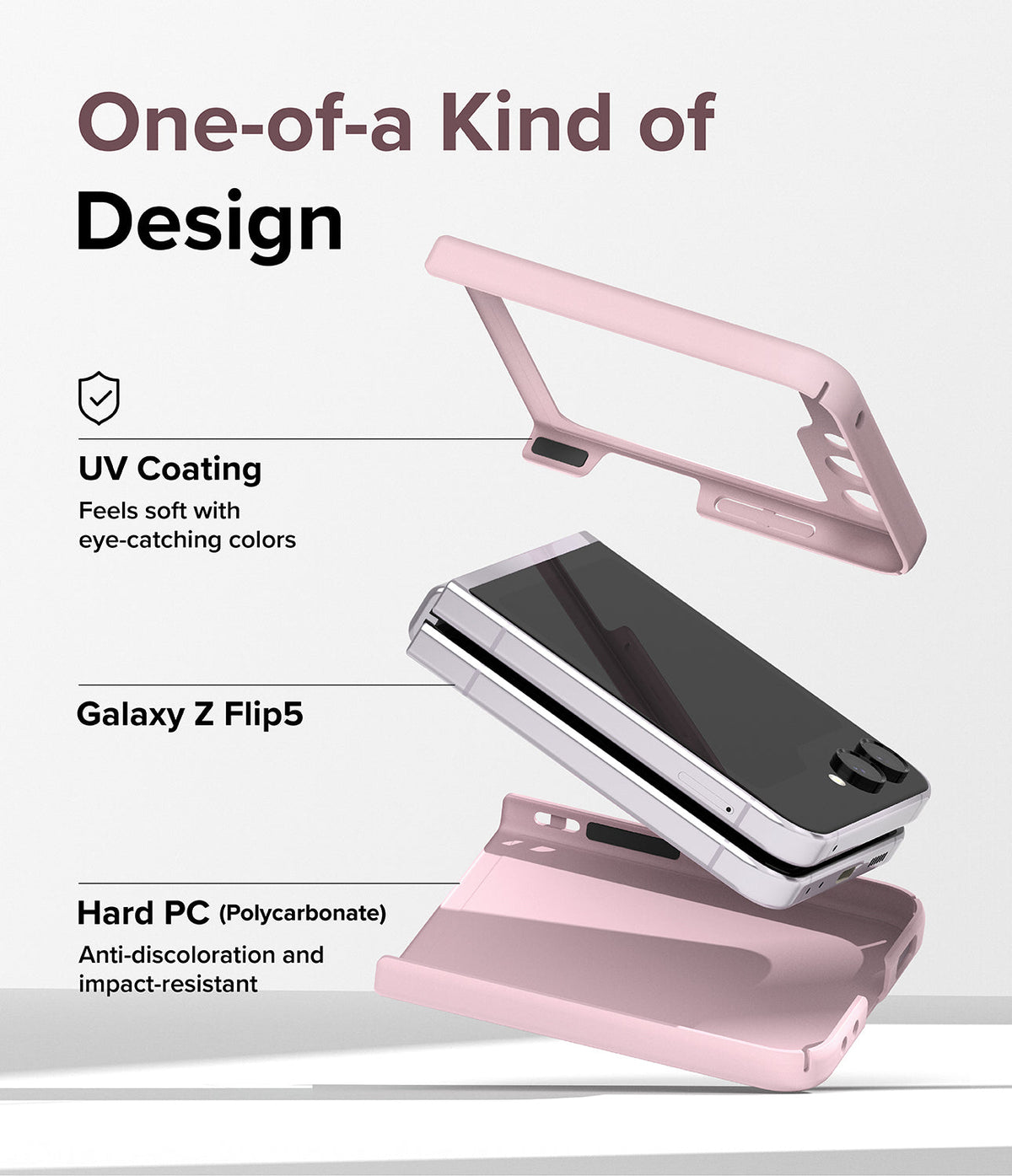 Galaxy Z Flip 5 Case | Slim Color - Exploded view of a pink phone case surrounding a folded Galaxy Z Flip 5.