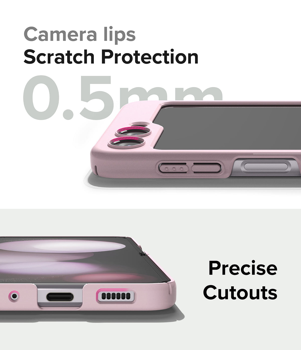 Galaxy Z Flip 5 Case | Slim Color - Pink phone case showing 0.5mm camera lens protection and precise port cutouts.