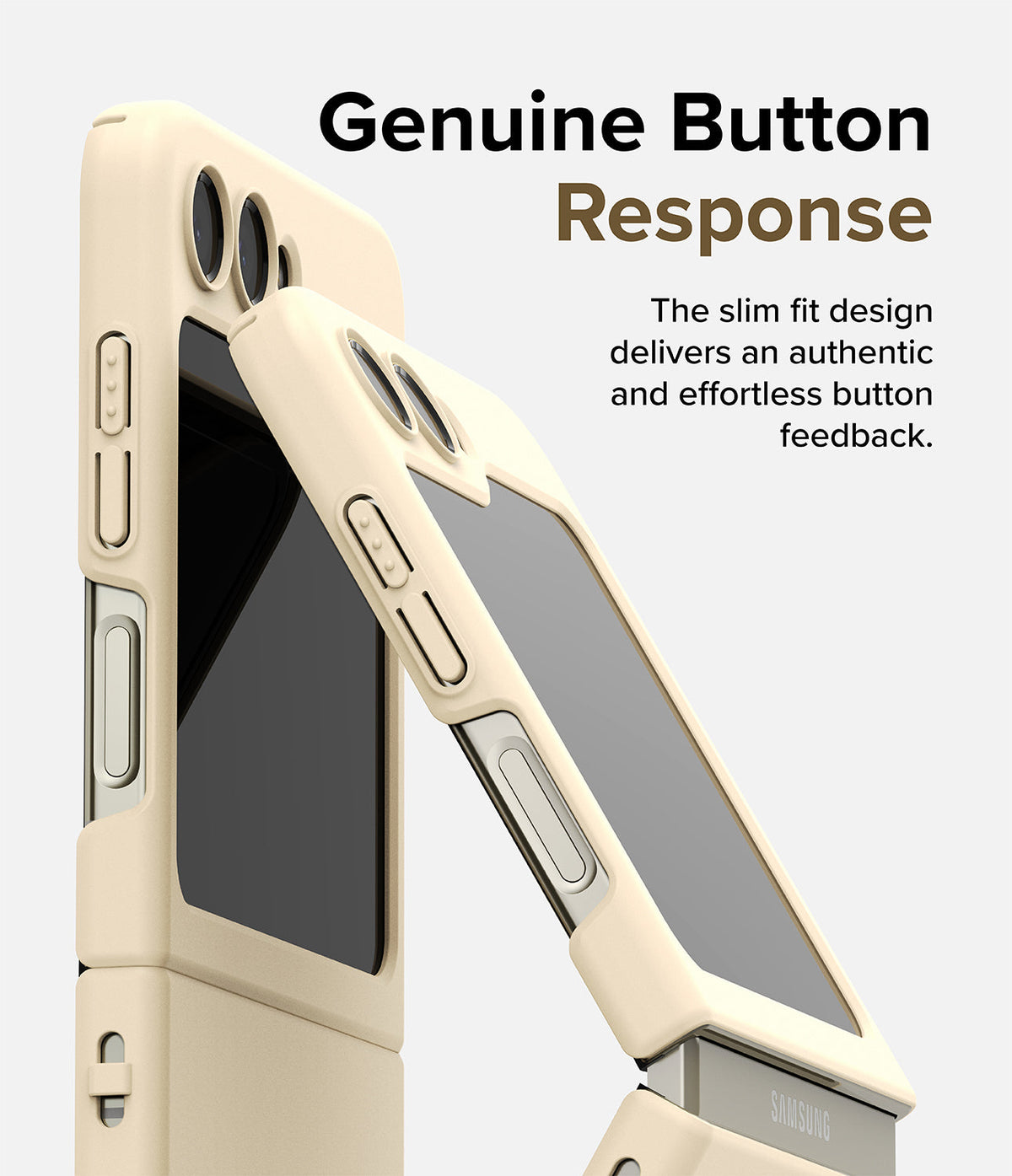 Galaxy Z Flip 5 Case | Slim Color - Cream-colored slim case on a Galaxy Z Flip 5 showing precise button cutouts and fit.