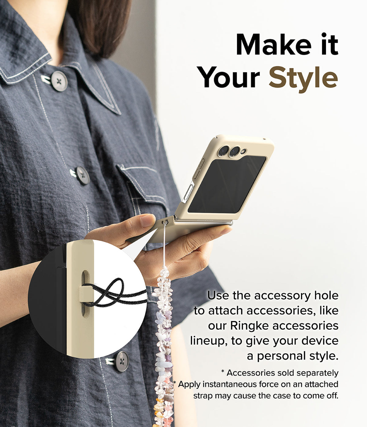 Galaxy Z Flip 5 Case | Slim Color - Person holding a beige phone case with a beaded strap attached to the accessory hole.