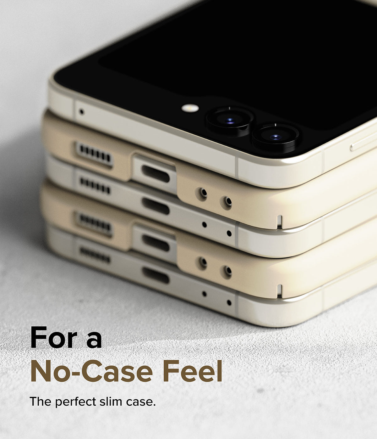 Galaxy Z Flip 5 Case | Slim Color - Stack of two cream-colored Galaxy Z Flip 5 phones showing slim case cutouts.