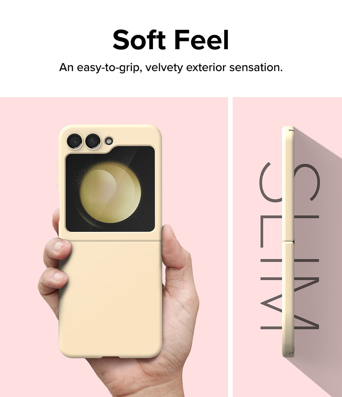 Galaxy Z Flip 5 Case | Slim Color - A hand holds a cream-colored phone case, with a side profile view showing its slim design.