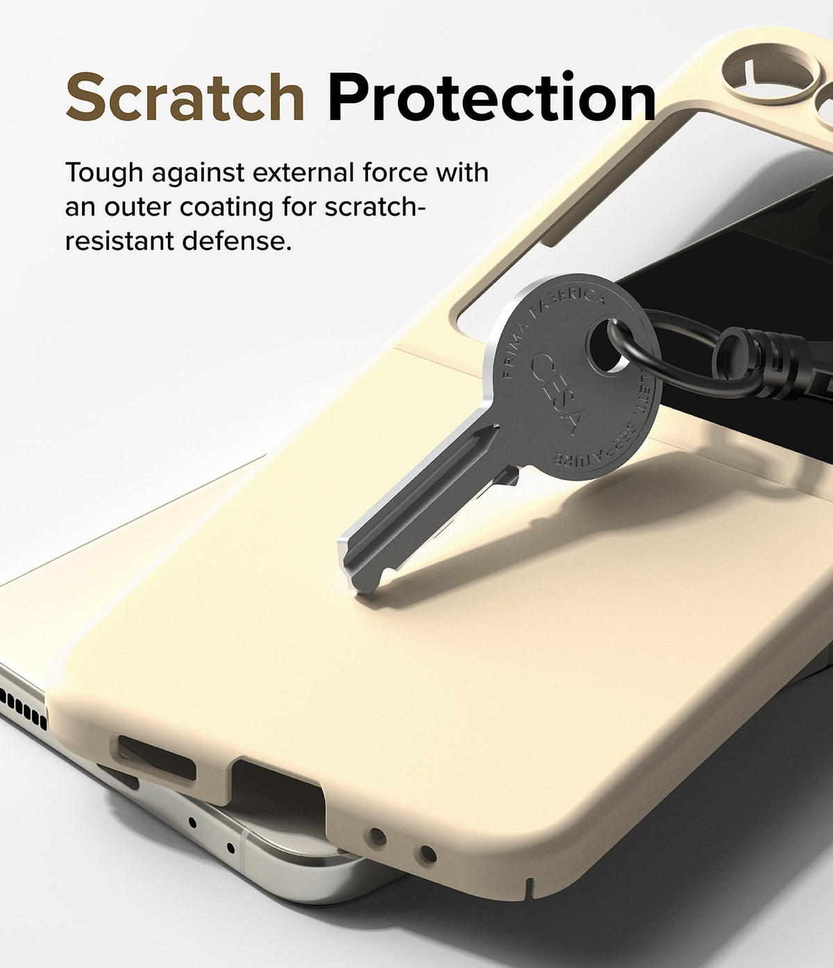 Galaxy Z Flip 5 Case | Slim Color - A metal key resting on a cream-colored phone case, demonstrating scratch resistance.