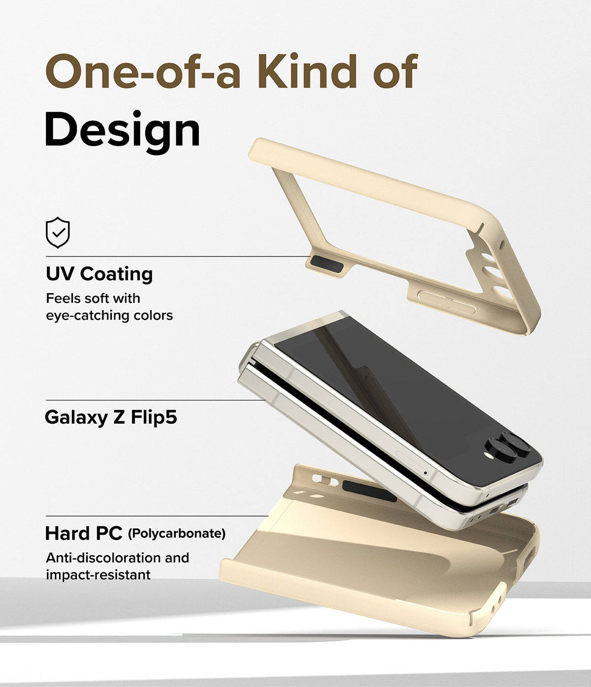 Galaxy Z Flip 5 Case | Slim Color - Exploded view of a Galaxy Z Flip 5 phone with a two-piece beige protective case.
