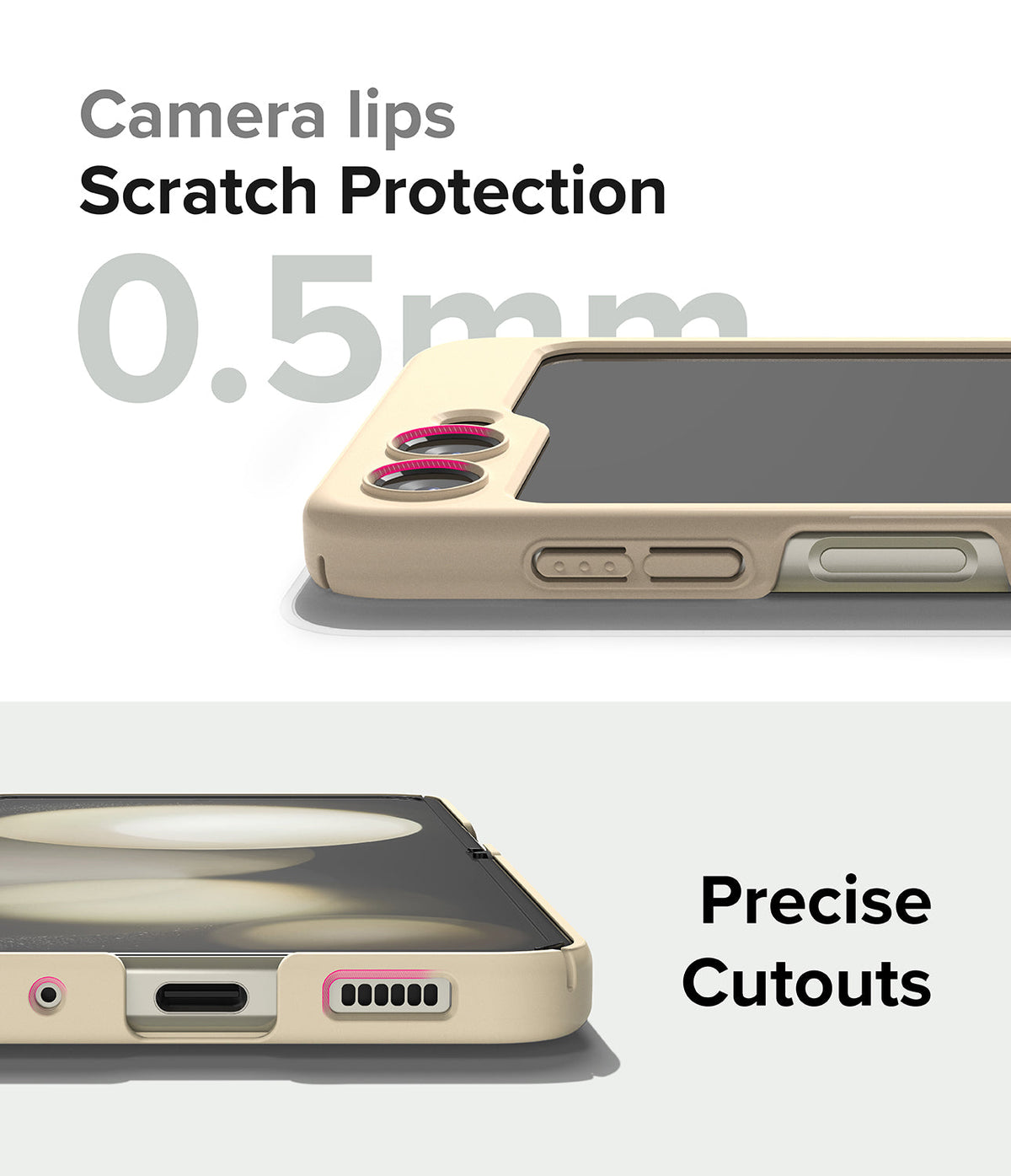 Galaxy Z Flip 5 Case | Slim Color - Beige phone case showing 0.5mm camera protection lips and precise port cutouts.