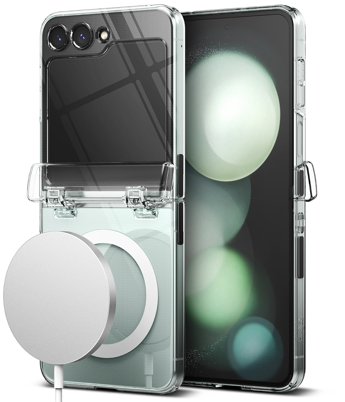 Galaxy Z Flip 5 Case | Slim Hinge Magnetic - Clear phone case on a Galaxy Z Flip 5 with a magnetic charging puck attached.
