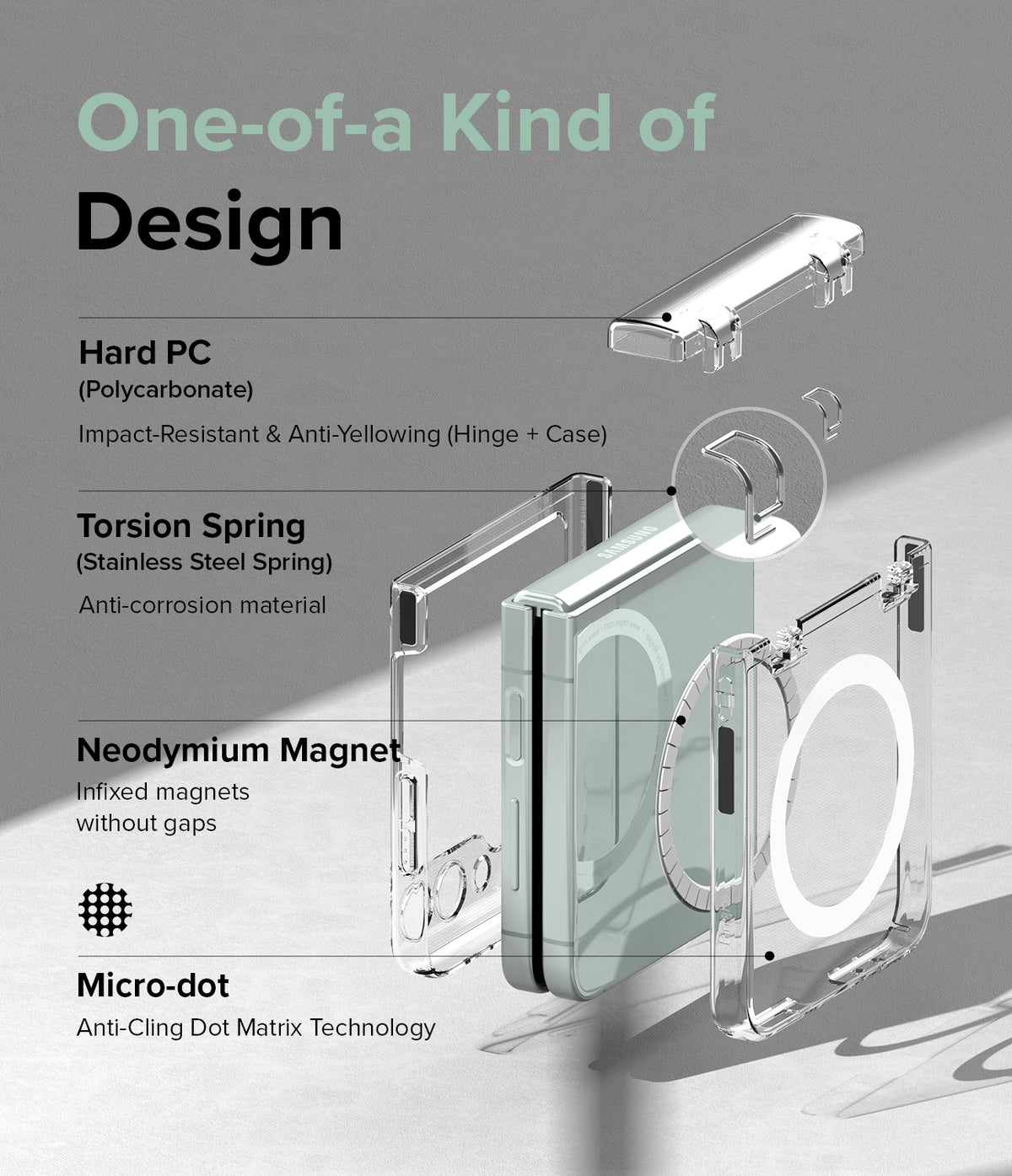 Galaxy Z Flip 5 Case | Slim Hinge Magnetic - Exploded view of a clear phone case showing hinge, spring, and magnet components.