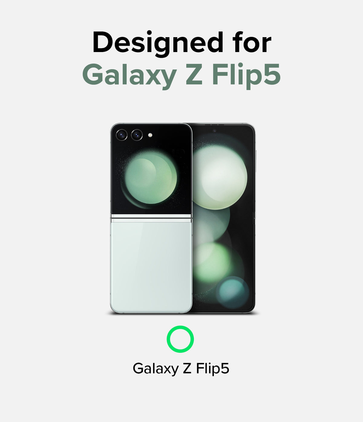 Galaxy Z Flip 5 Case | Slim Hinge Magnetic - Galaxy Z Flip 5 phone shown folded and unfolded with green bokeh background.