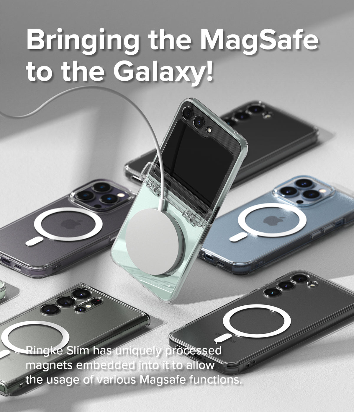 Galaxy Z Flip 5 Case | Slim Hinge Magnetic - A Galaxy Z Flip 5 with a magnetic charger attached, surrounded by other phones.