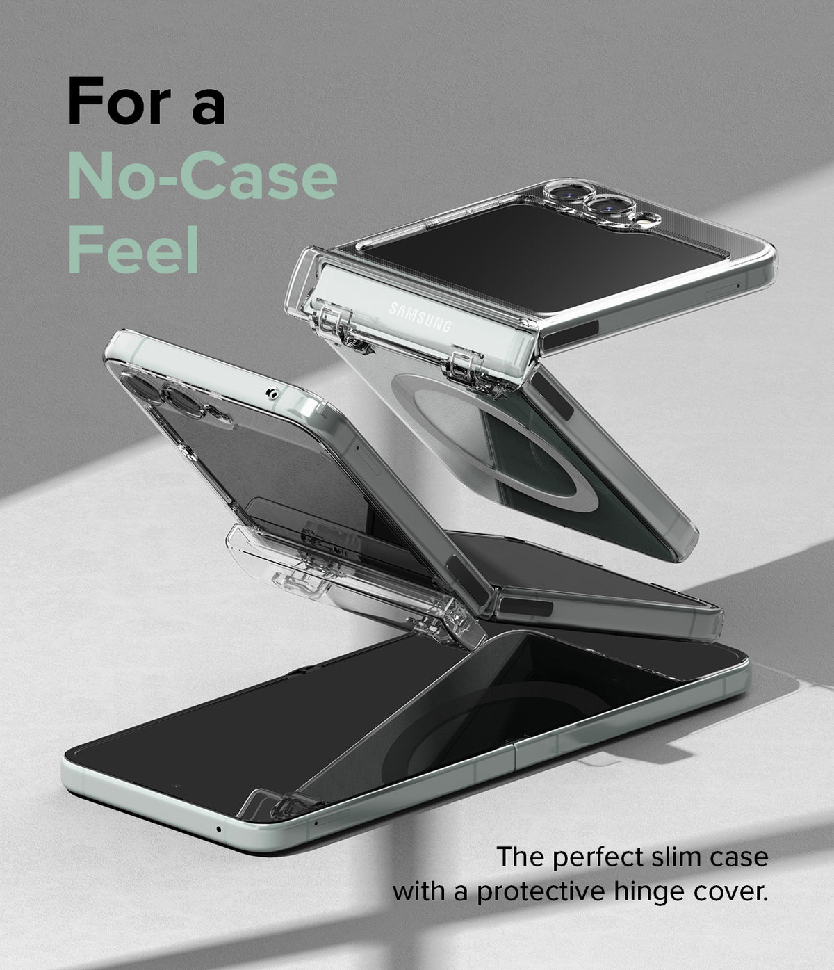 Galaxy Z Flip 5 Case | Slim Hinge Magnetic - Three Galaxy Z Flip 5 phones in clear cases stacked at angles.