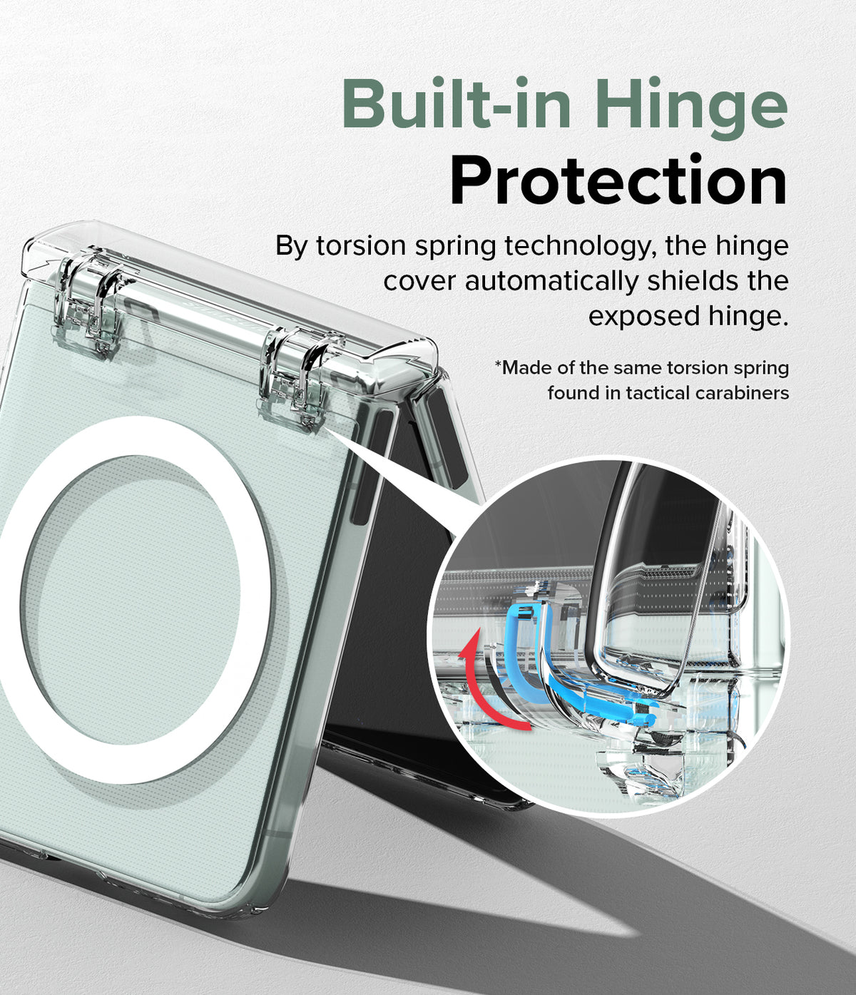 Galaxy Z Flip 5 Case | Slim Hinge Magnetic - Clear phone case with magnetic ring and detailed view of spring hinge.