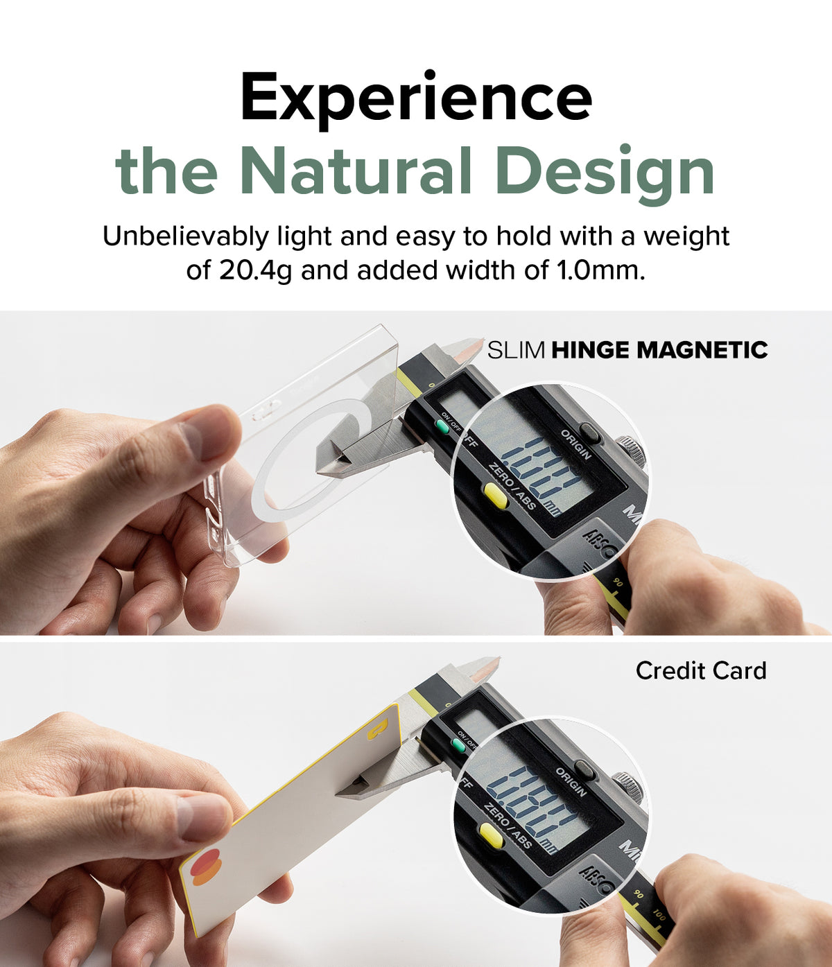 Galaxy Z Flip 5 Case | Slim Hinge Magnetic - Caliper measuring the thin 1.0mm thickness of a phone case vs a credit card.