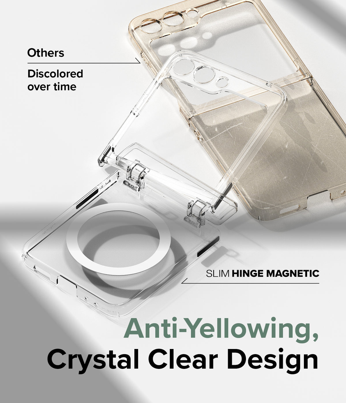 Galaxy Z Flip 5 Case | Slim Hinge Magnetic - Comparison of a clear, non-yellowing case against a discolored competitor.