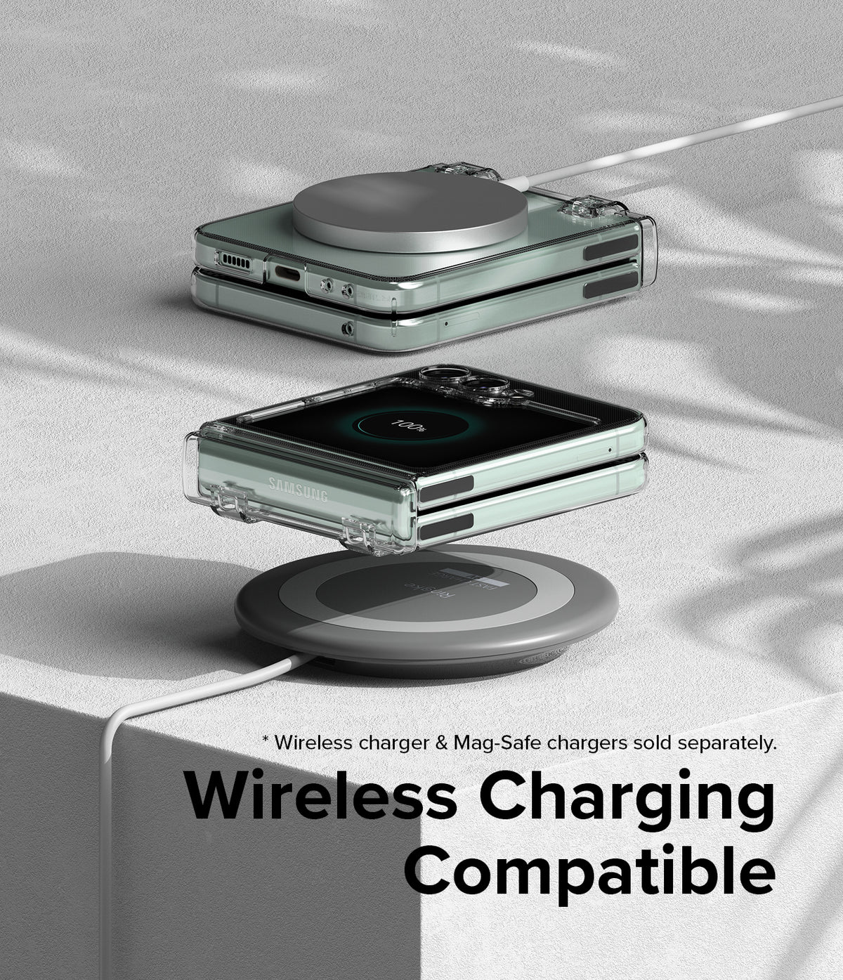 Galaxy Z Flip 5 Case | Slim Hinge Magnetic - Folded phone in clear case charging on wireless pads with magnetic attachment.