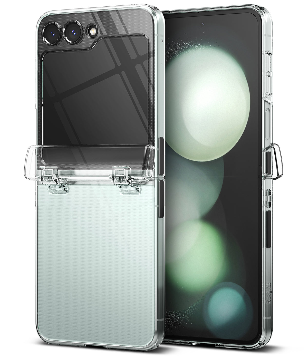 Galaxy Z Flip 5 Case | Slim Hinge - Clear - Transparent protective case on a Galaxy Z Flip 5 with a slim hinge cover.