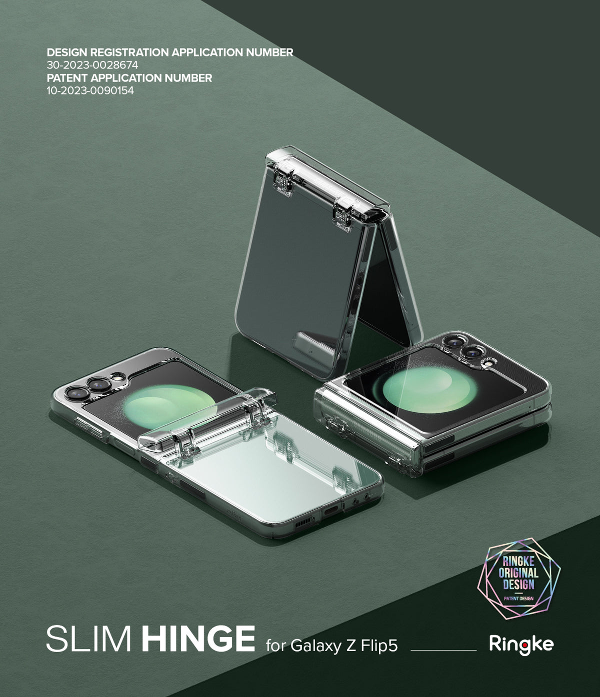 Galaxy Z Flip 5 Case | Slim Hinge - Clear - Three clear protective cases for Galaxy Z Flip 5 shown in folded and open positions.