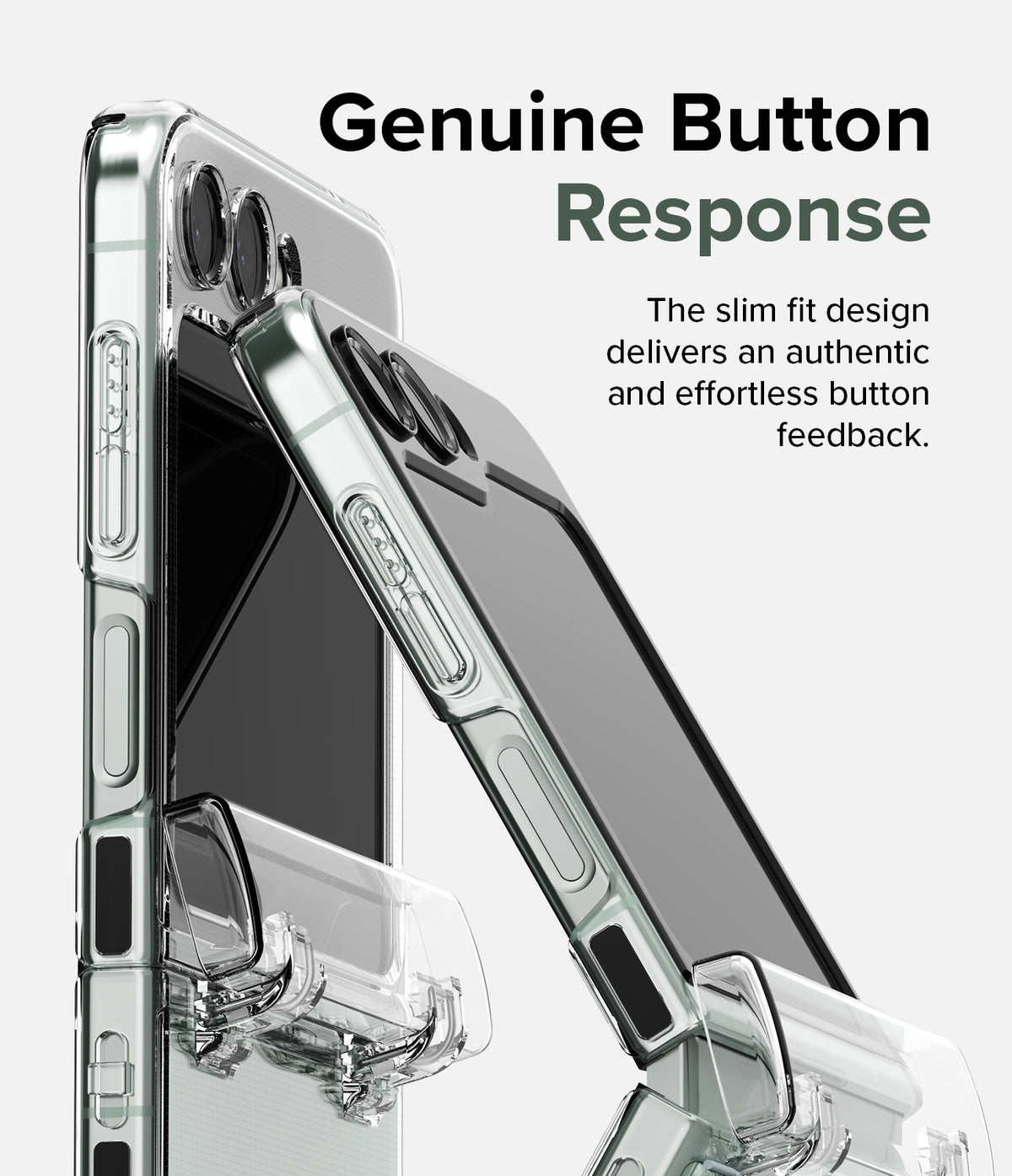 Galaxy Z Flip 5 Case | Slim Hinge - Clear - Clear phone case on a Galaxy Z Flip 5 highlighting precise button cutouts.