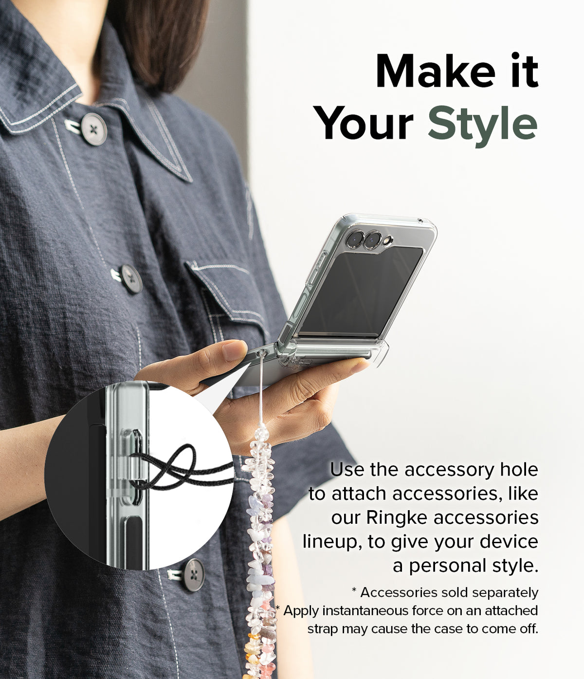 Galaxy Z Flip 5 Case | Slim Hinge - Clear - Person holding a clear phone case with a beaded strap attached to the accessory hole.