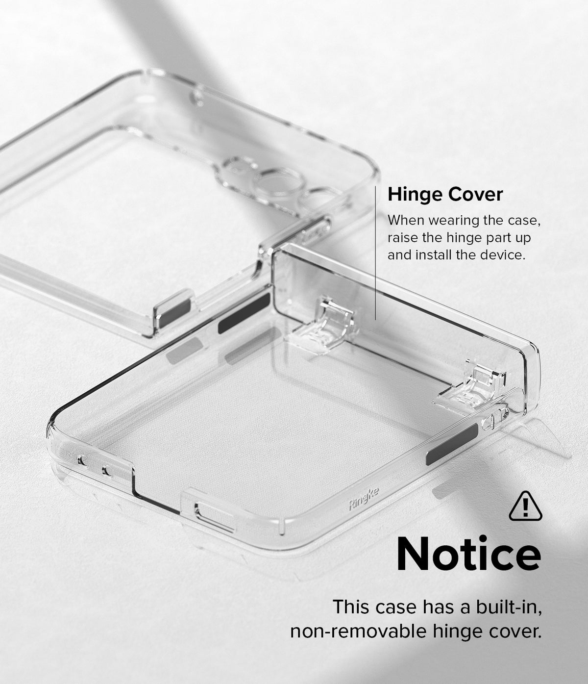 Galaxy Z Flip 5 Case | Slim Hinge - Clear - Transparent phone case showing instructions to lift the hinge cover for installation.