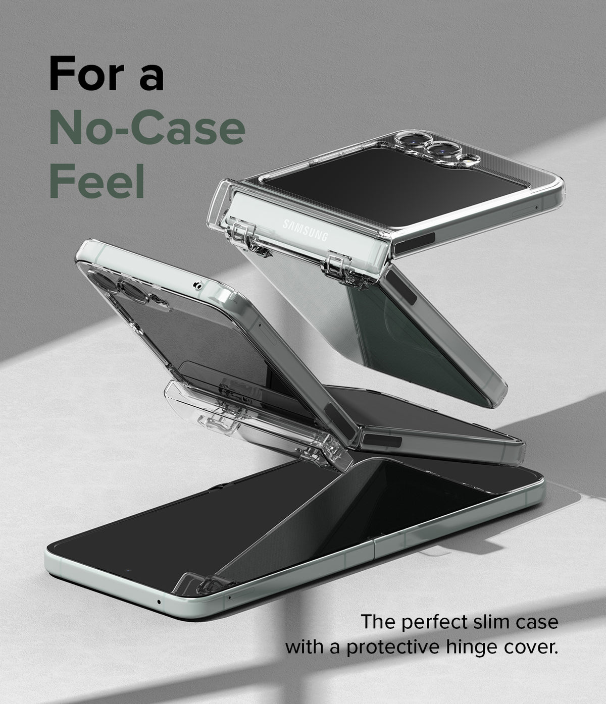 Galaxy Z Flip 5 Case | Slim Hinge - Clear - A clear, slim protective case on a Galaxy Z Flip 5 shown in a Z-fold position.