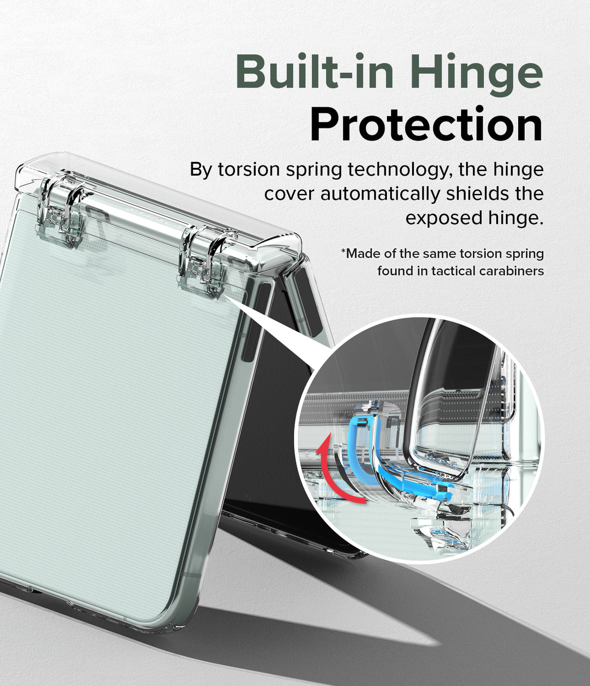 Galaxy Z Flip 5 Case | Slim Hinge - Clear - Clear phone case with a spring-loaded hinge cover and a magnified view of the mechanism.