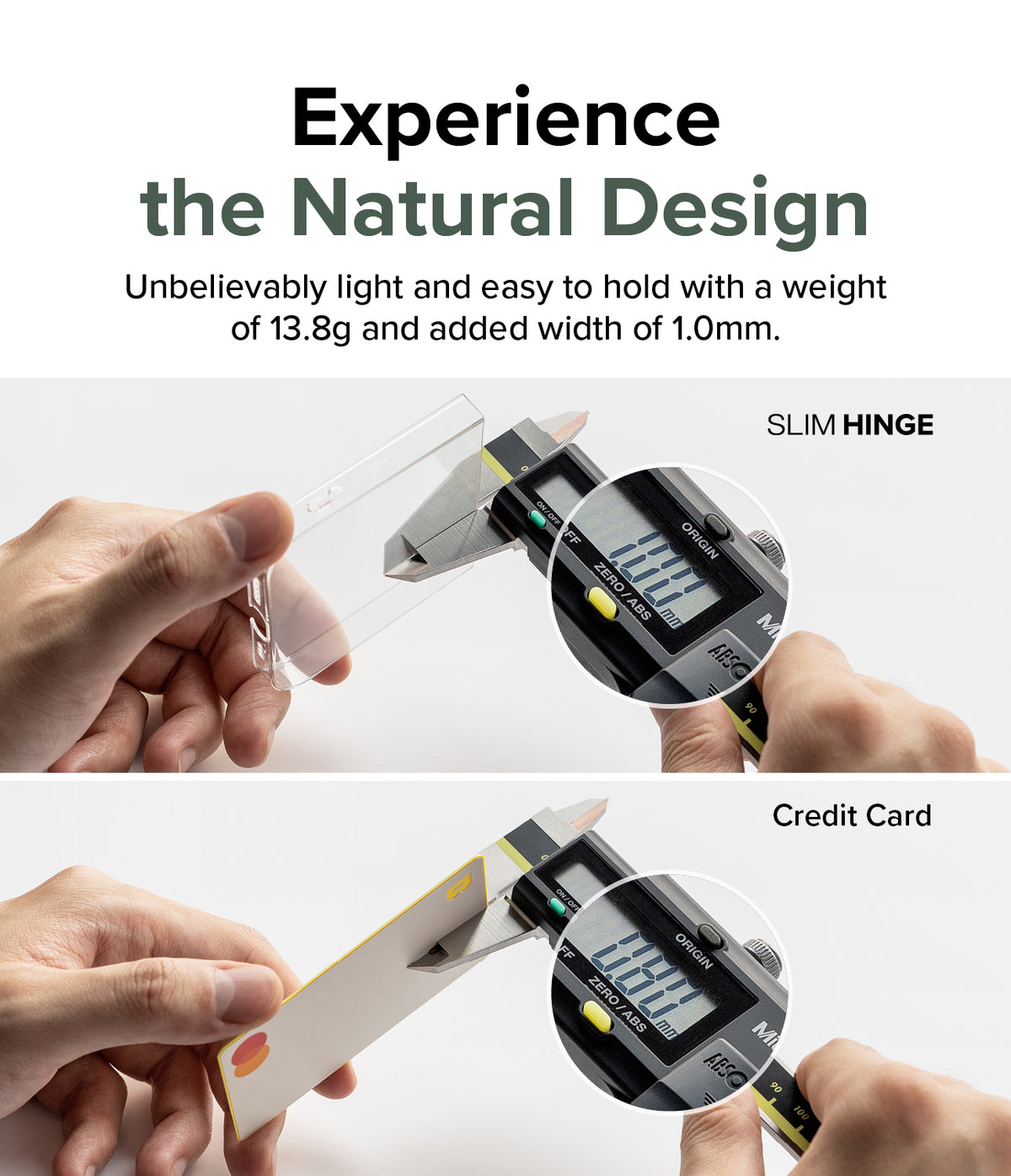 Galaxy Z Flip 5 Case | Slim Hinge - Clear - Digital calipers measuring the 1.0mm thickness of a clear phone case vs a credit card.