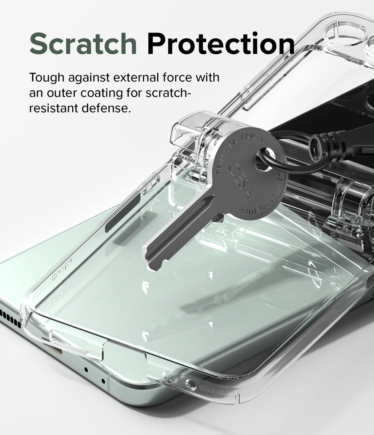 Galaxy Z Flip 5 Case | Slim Hinge - Clear - A key pressing against a clear phone case to demonstrate scratch resistance.