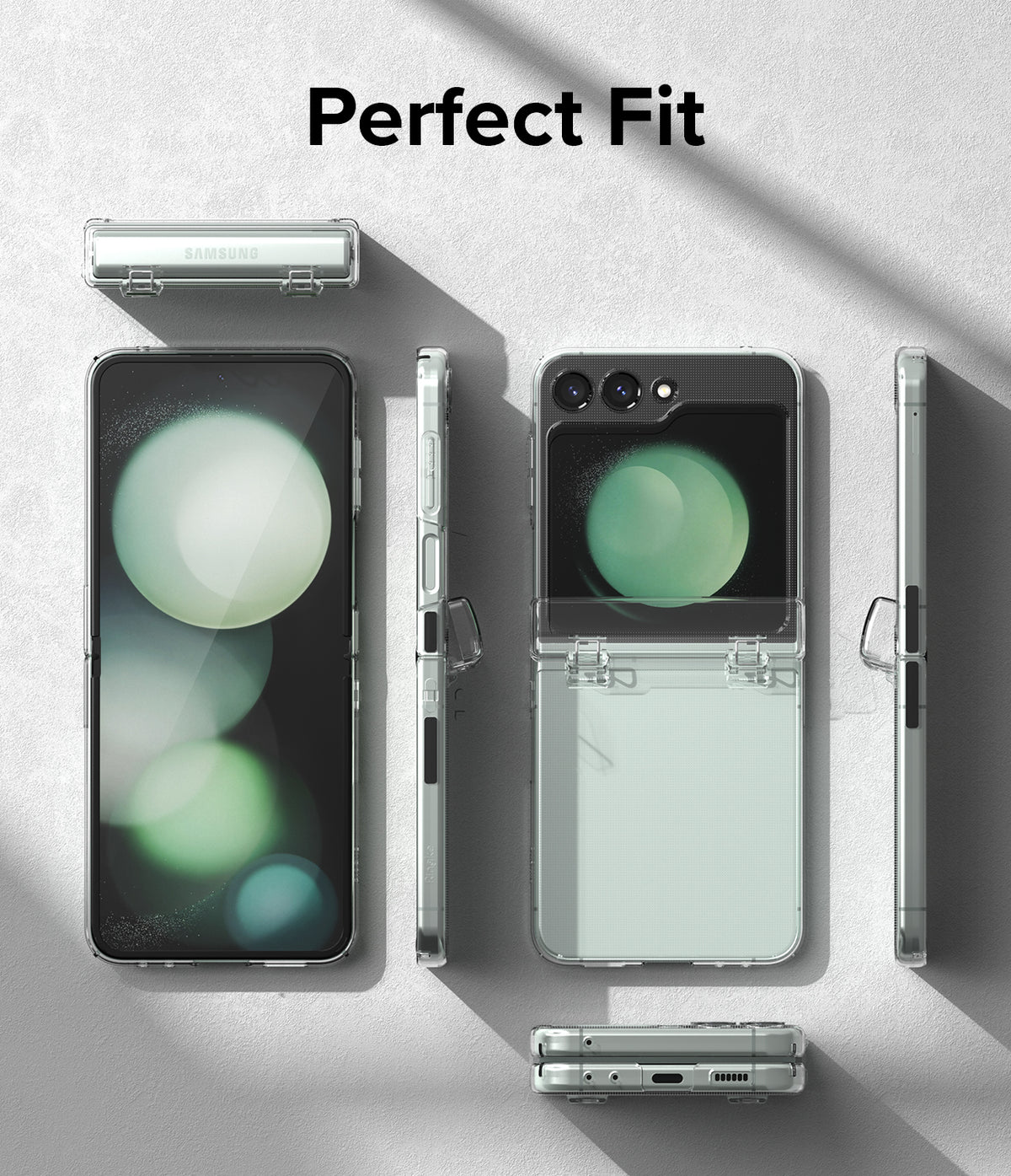 Galaxy Z Flip 5 Case | Slim Hinge - Clear - Multiple views of a clear phone case on a Galaxy Z Flip 5 with hinge protection.