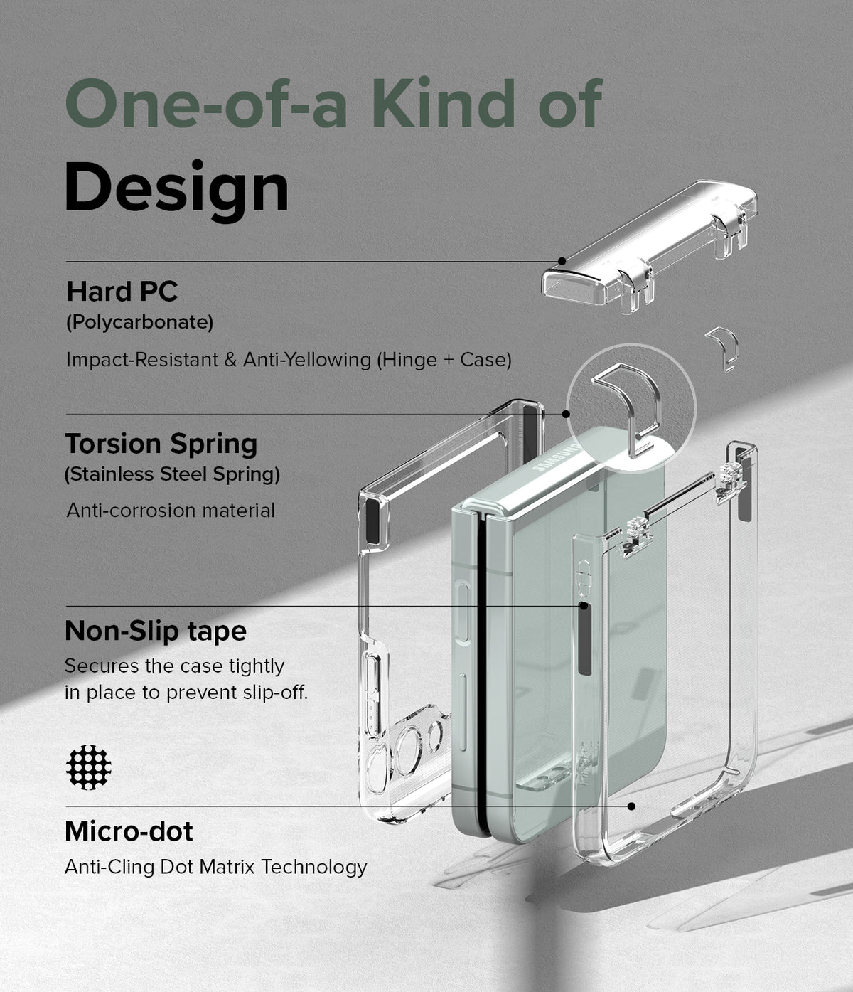 Galaxy Z Flip 5 Case | Slim Hinge - Clear - Exploded view of a clear phone case highlighting hinge, spring, and grip features.