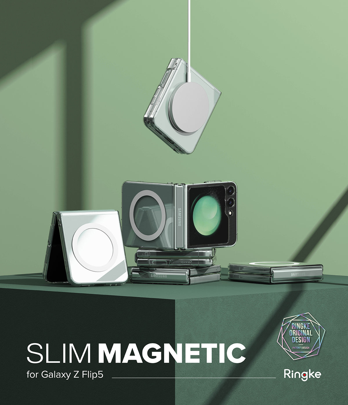 Galaxy Z Flip 5 Case | Slim Magnetic - Clear magnetic cases for Galaxy Z Flip 5 displayed on a green surface.
