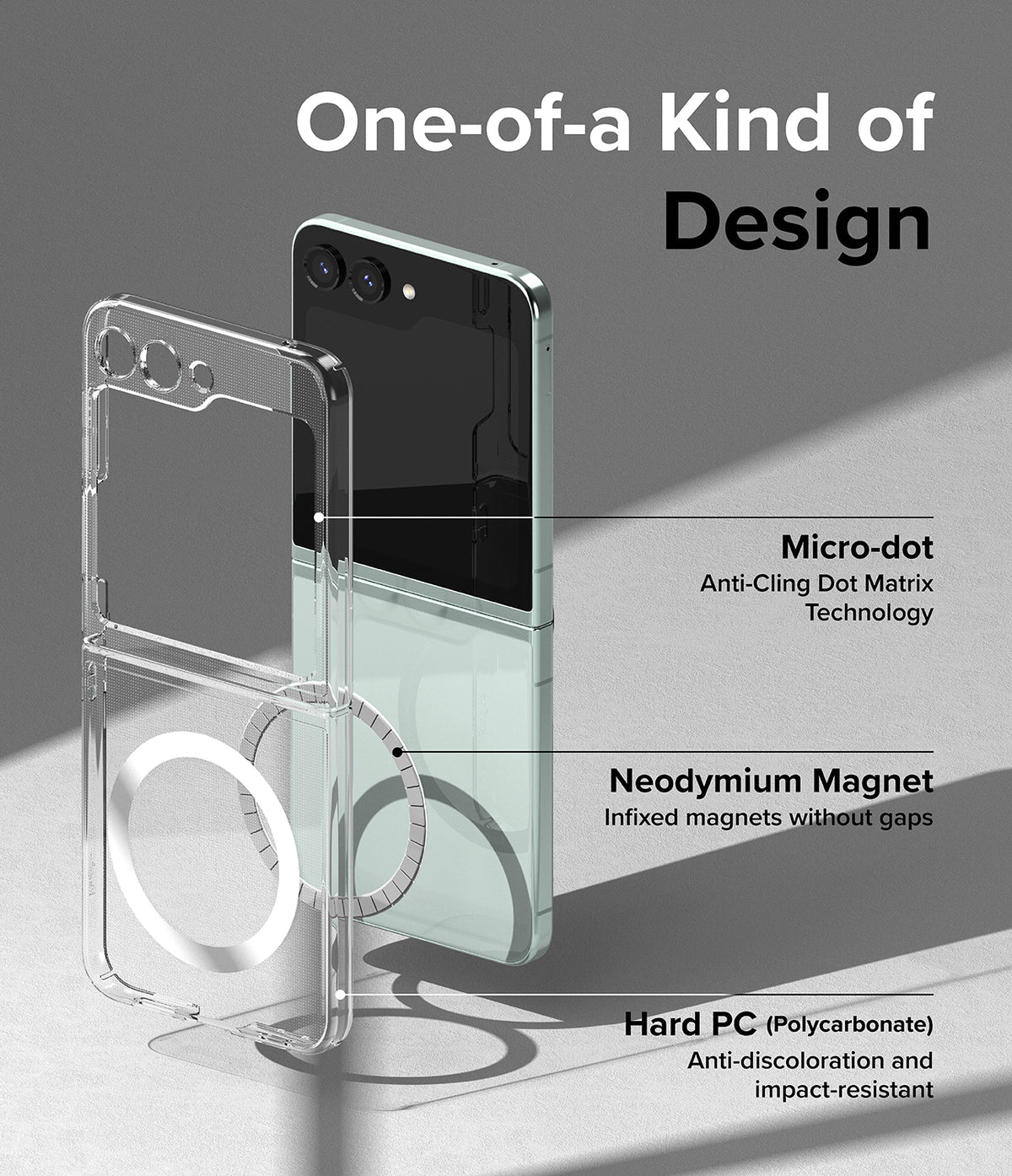 Galaxy Z Flip 5 Case | Slim Magnetic - Clear phone case with magnetic ring, highlighting dot matrix and PC material.