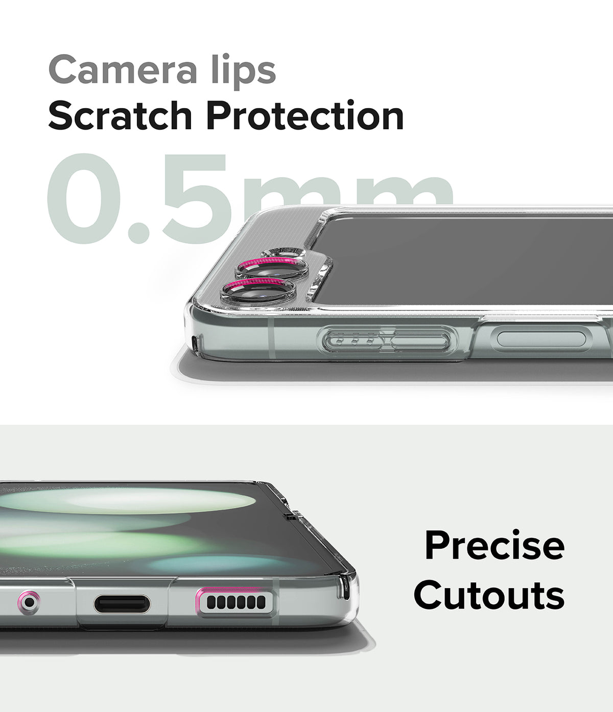 Galaxy Z Flip 5 Case | Slim Magnetic - Close-up of phone case showing 0.5mm camera protection lips and precise port cutouts.