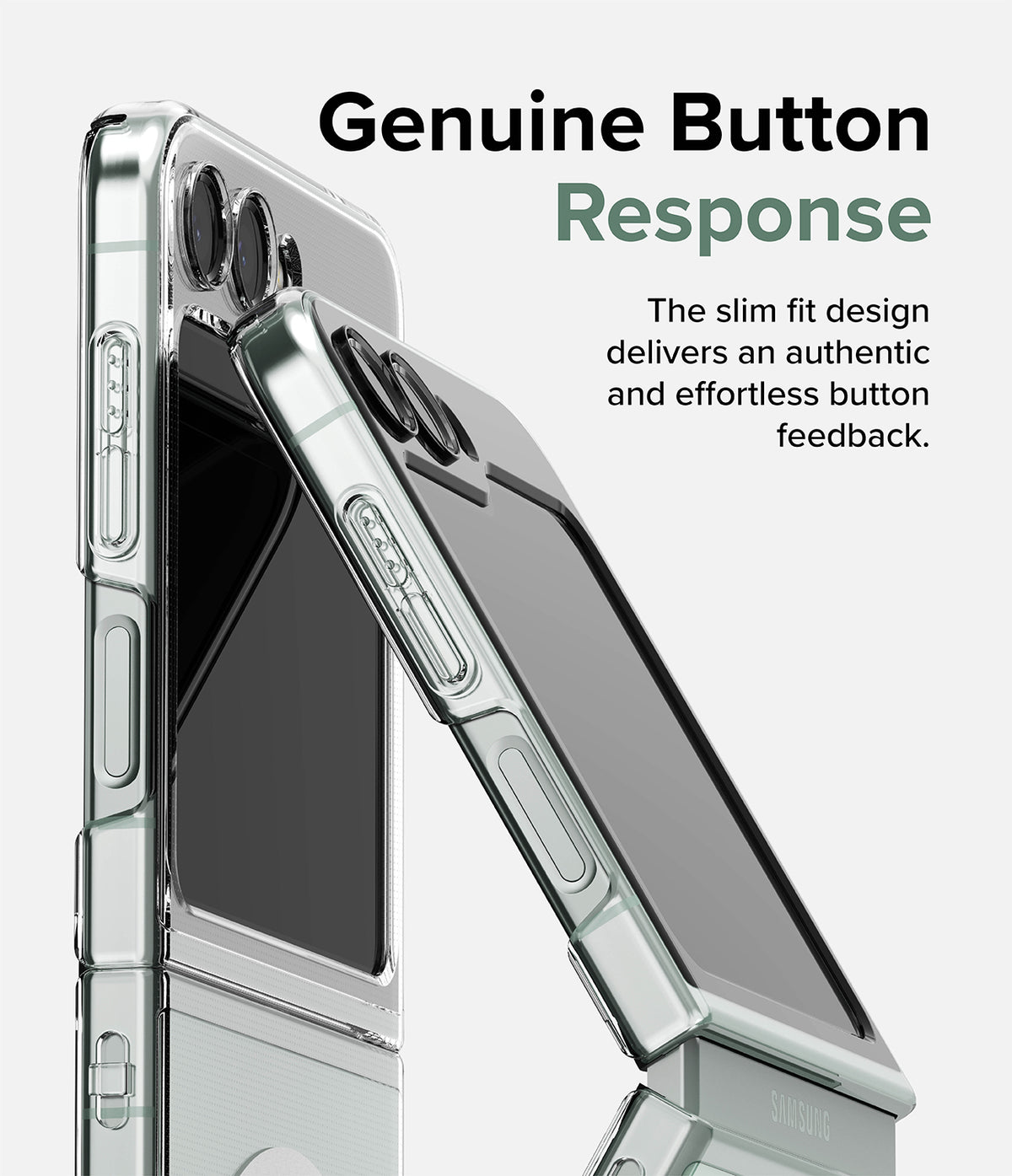 Galaxy Z Flip 5 Case | Slim Magnetic - Clear phone case on a Galaxy Z Flip 5 highlighting precise button cutouts.