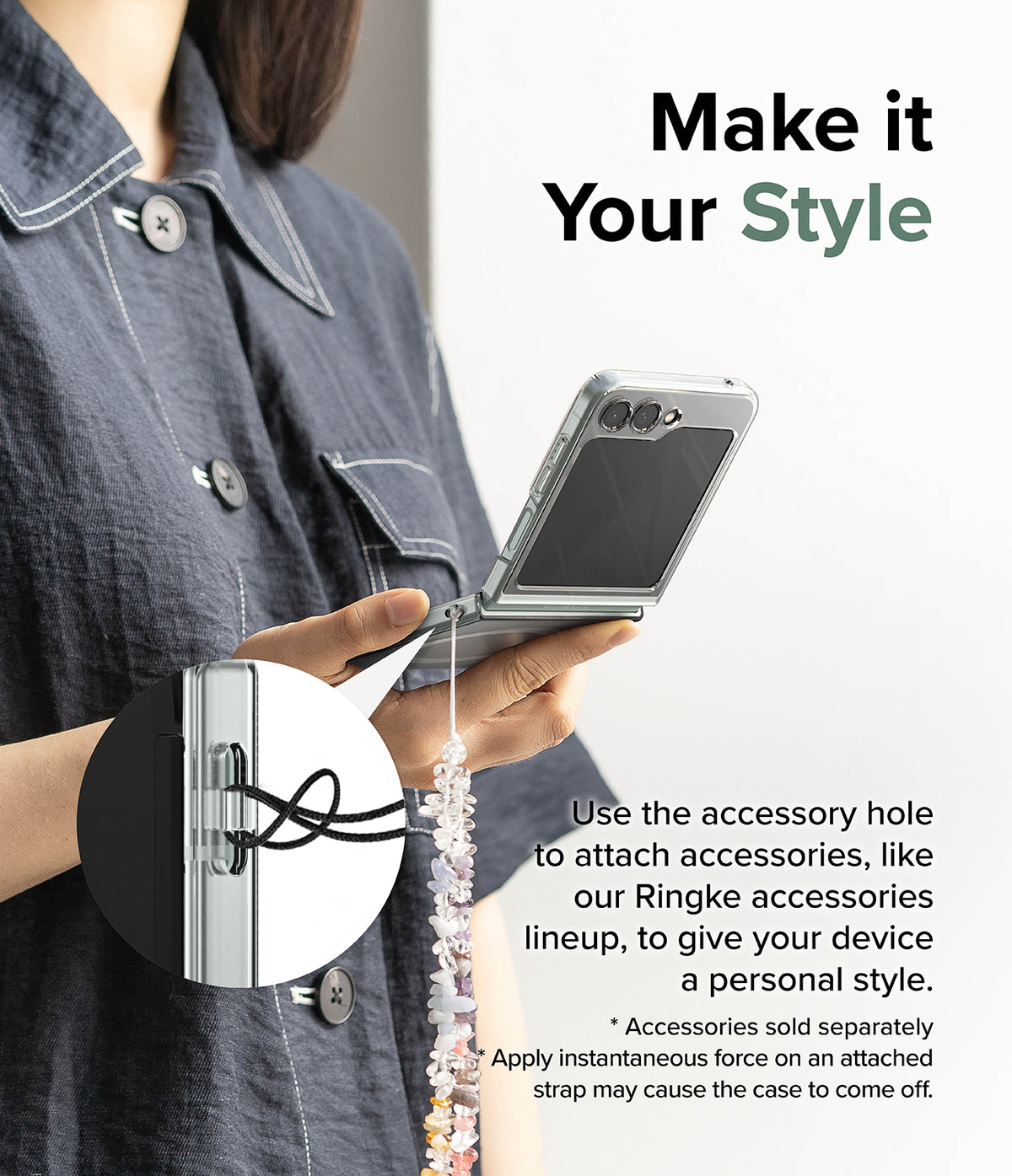 Galaxy Z Flip 5 Case | Slim Magnetic - Person holding a phone with a beaded strap attached to the case's accessory hole.