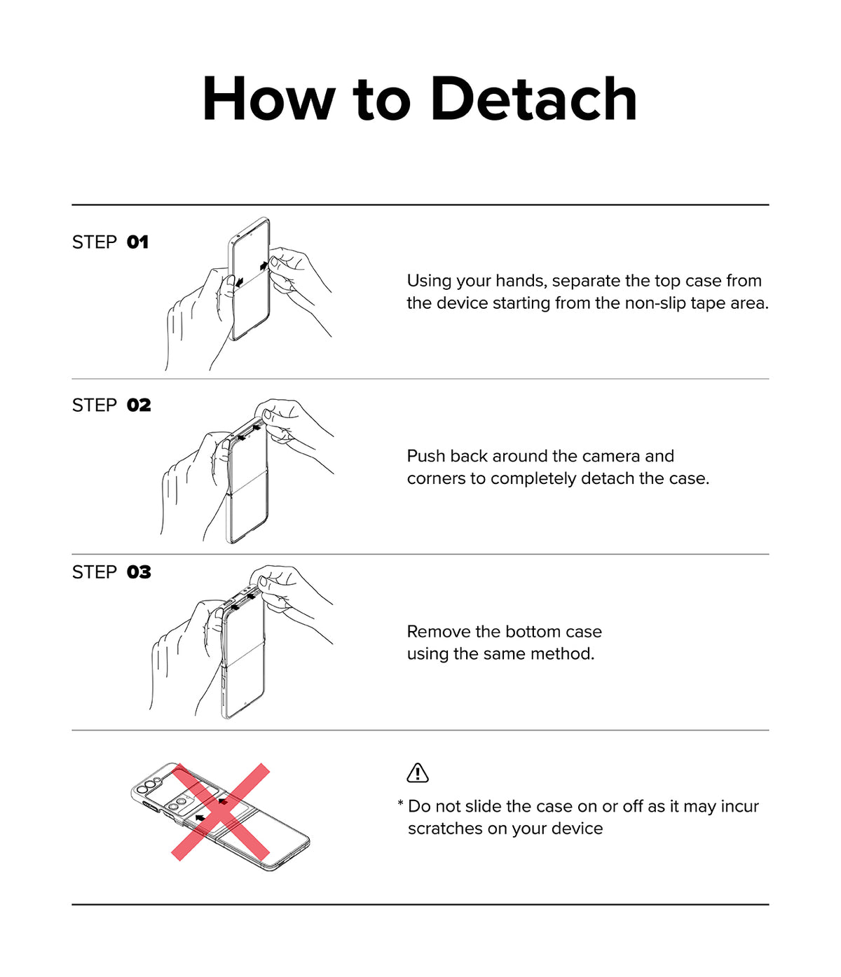 Galaxy Z Flip 5 Case | Slim Magnetic - Three-step instructional diagram showing how to safely detach the phone case.