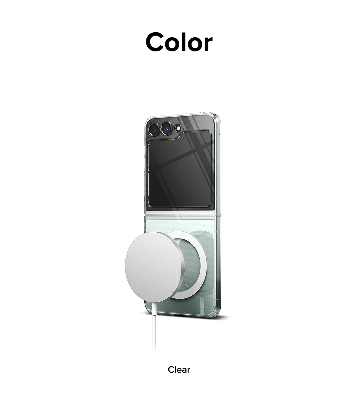 Galaxy Z Flip 5 Case | Slim Magnetic - Clear Galaxy Z Flip 5 phone in a transparent case attached to a magnetic charger.