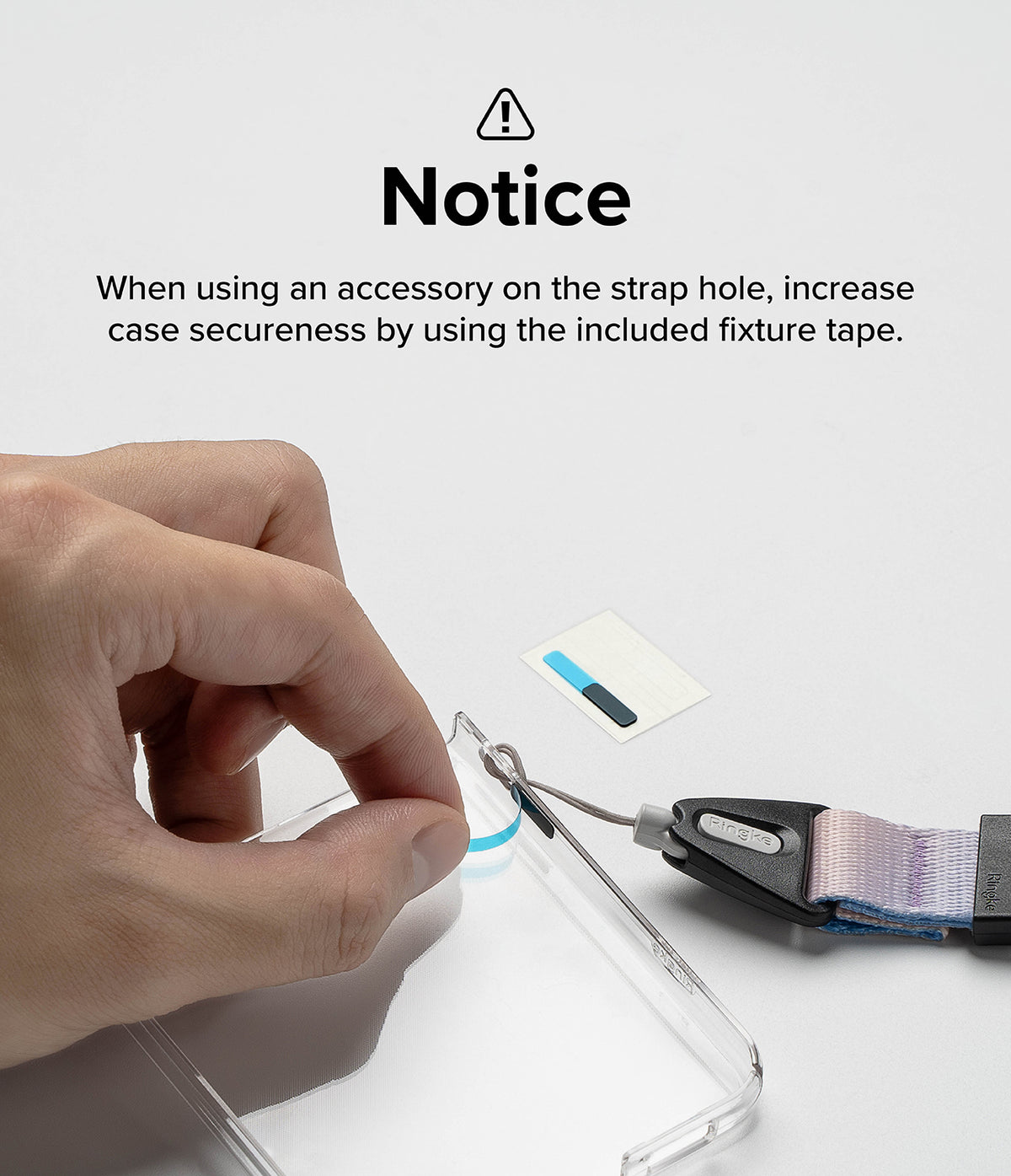 Galaxy Z Flip 5 Case | Slim Magnetic - Hand applying adhesive tape to a phone case strap hole to secure a lanyard.