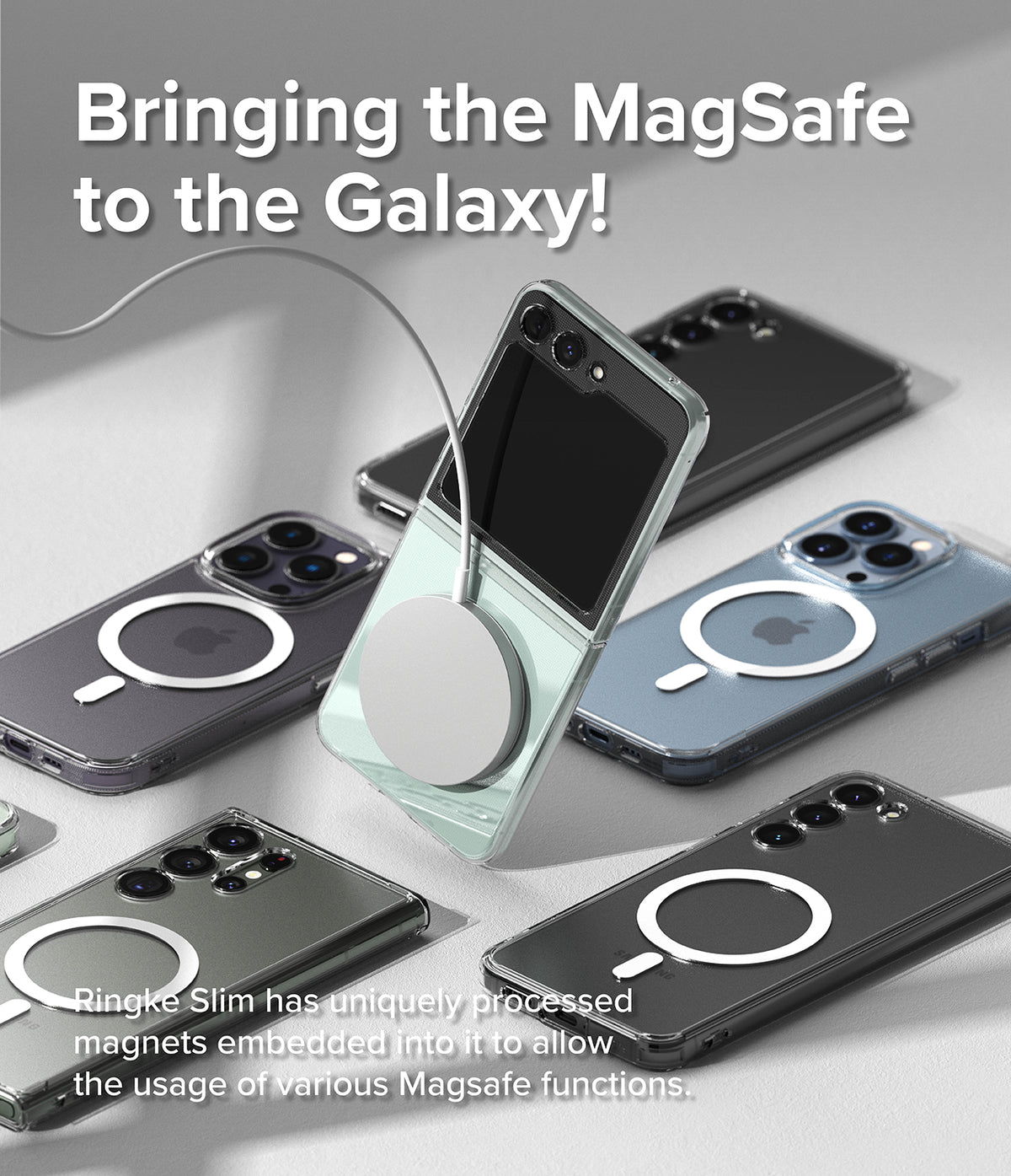 Galaxy Z Flip 5 Case | Slim Magnetic - A Galaxy Z Flip 5 with a magnetic charger attached, surrounded by phones with MagSafe rings.