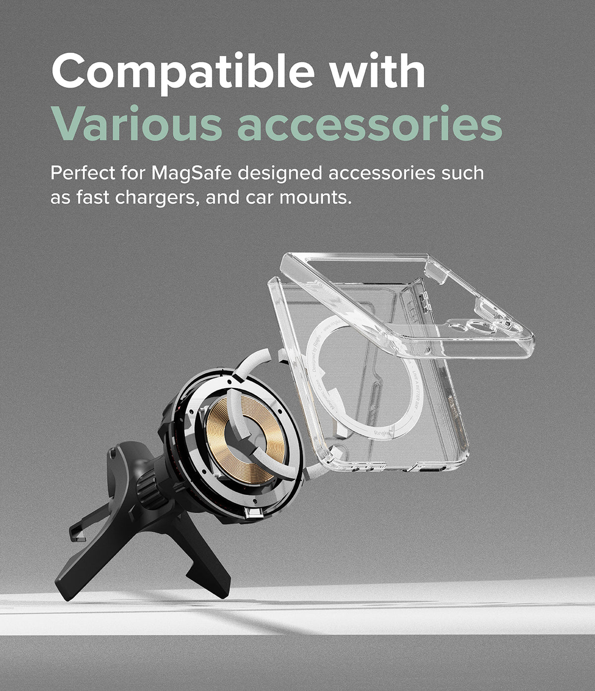Galaxy Z Flip 5 Case | Slim Magnetic - Clear phone case magnetically attaching to a black car mount charger.