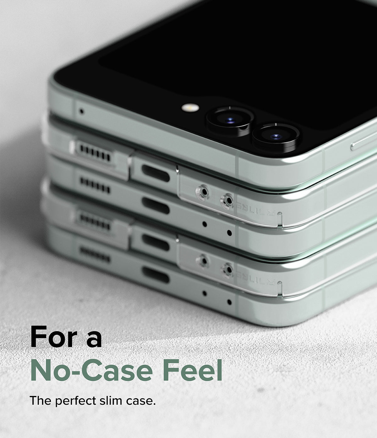 Galaxy Z Flip 5 Case | Slim Magnetic - Stack of three Galaxy Z Flip 5 phones in slim cases showing precise port cutouts.