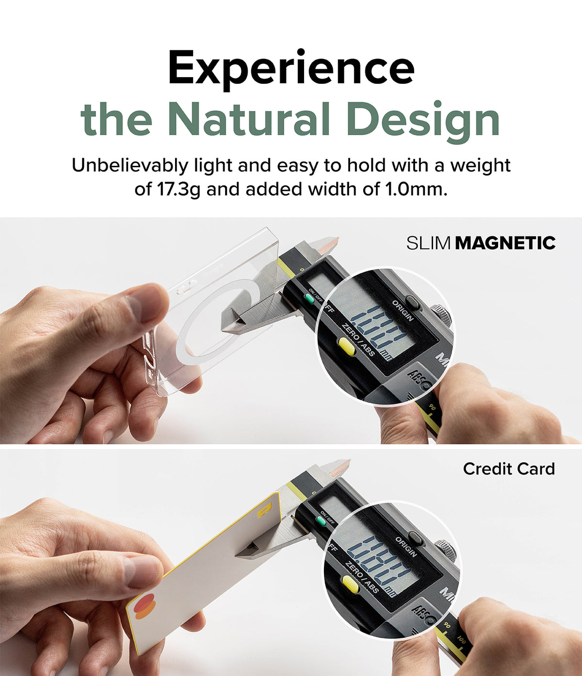 Galaxy Z Flip 5 Case | Slim Magnetic - Calipers measuring the 1.0mm thickness of a clear magnetic phone case vs a card.