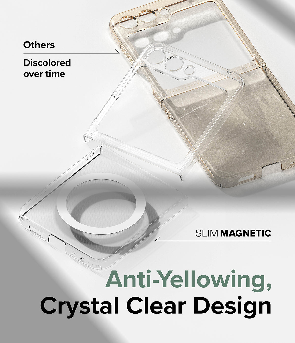 Galaxy Z Flip 5 Case | Slim Magnetic - Comparison of a yellowed standard case versus a clear, anti-yellowing magnetic case.