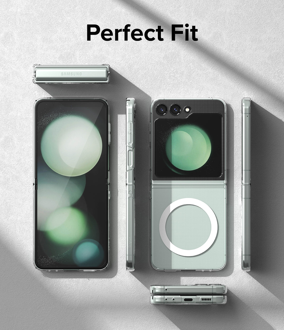Galaxy Z Flip 5 Case | Slim Magnetic - Clear magnetic case on a Galaxy Z Flip 5 shown from multiple angles.