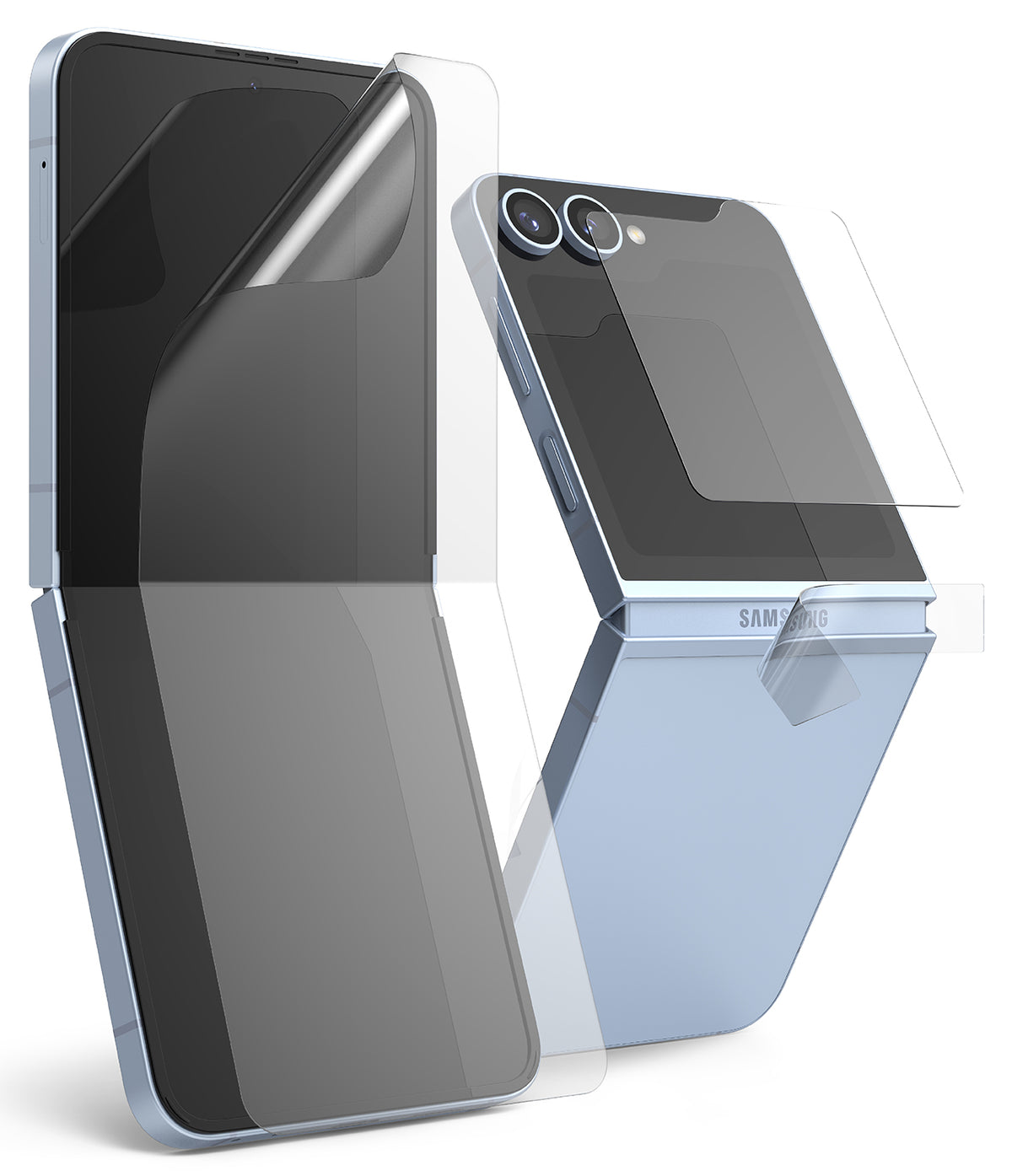 Galaxy Z Flip 6 | 3-in-1 Protector - Light blue phone with transparent screen, back, and hinge protective films being applied.